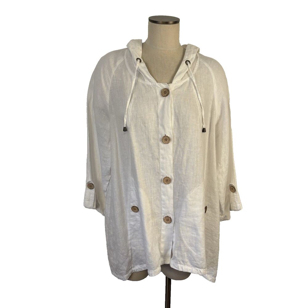 For Cynthia Womens 2X White 100% Linen Loose Jacket Lagenlook Hi-low Hooded